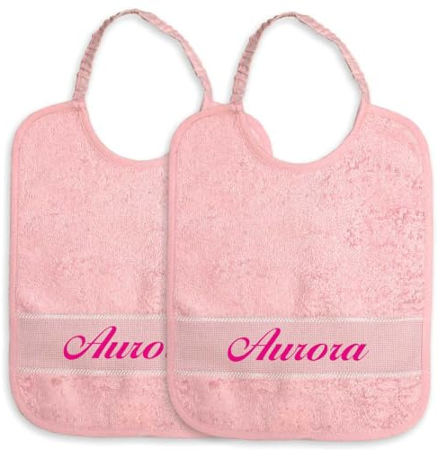 La Chiocciolina Set 2 bavaglie personalizzate con nome ricamato, Set due bavaglie asilo con nome, Bavaglini in spugna con elastico, Bavaglie asilo con ricamo (05 Rosa)