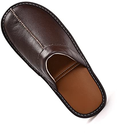 Men’s Genuine Cowhide Leather Slippers, Breathable Leather Soft Smooth Sole Bedroom Flat Shoes House Slippers Indoor Outdoor (DarkBrown, 8-9, Adult, Men, 9, Numeric, US Footwear Size System, Medium)