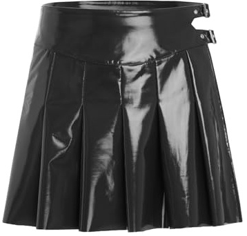 TiaoBug Wetlook kilt lack läder kjol Skottland tartan kjol PU PVC veckad kjol med spänne sidoslits halloween gotisk gladiatorkostym