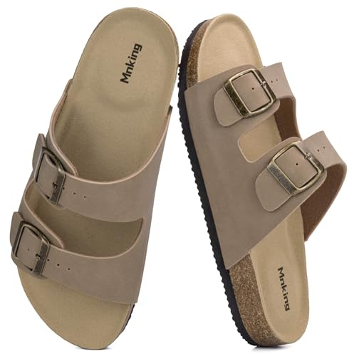 Mnking Mules Sandales Femme Homme Été Plates Boucle Bout Ouvert Rétro Nu-pieds Confortable Cuir Suédé Antidérapant Pantoufles en Liège