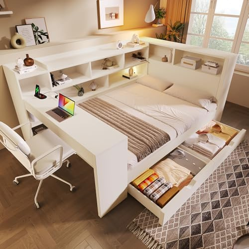 4ft6 Double Bed Frame with 2 Drawers&Bookcase&Computer Desk, Functional Daybed Wooden Platform Bed with Charging Station, Storage Bed Sofa Beds Guest Beds for Living Room&Bedroom, No Mattress, White