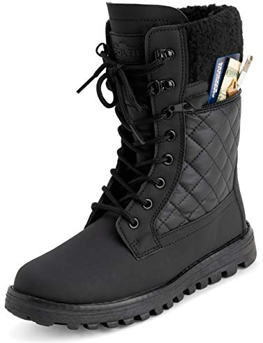 POLAR Womens Memory Foam Outside Pocket Inside Zip Thermal Waterproof Deep Tread Rubber Sole Snow Boots - Black Leather Mono - EU40/US9 - YC0622