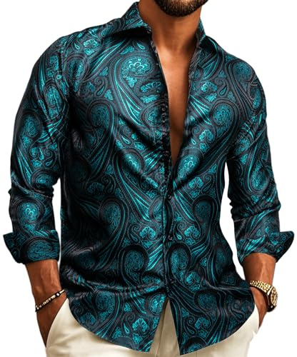 Barry.Wang Chemise à manches longues pour homme, motif cachemire fleuri - Vert - Large