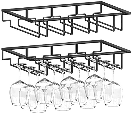 Wtiujhg Wine Glass Rack, 2 Pack Under Cabinet Stemware Rack Wine Glass Holder, 4 Rows Black Metal Wine Glass Storage Hanger Under Shelf for Cabinet Kitchen Bar