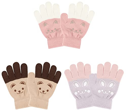 QKURT 3 Pairs Kids Winter Knit Gloves Children Warm Cute Full-finger Stretch Gripper Magic Gloves for Baby Boys and Girls Age 4-9