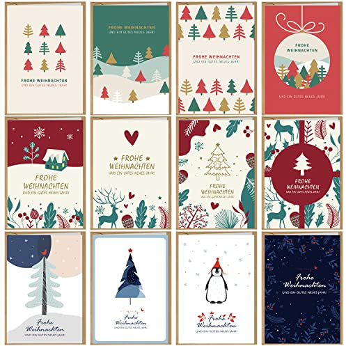 BIROYAL 12er Weihnachtskarten mit Umschlag set - Weihnachtsbaum Karte Weihnachten, 300 g/m² Christmas Card - A6 Klappkarten Frohe Weihnachtskarte, Grußkarten Weihnachten für Kinder, Familie & Freunde