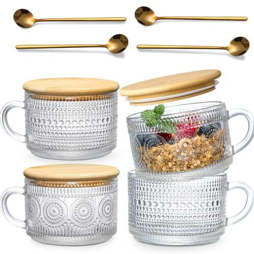 4pcs Set Vintage Coffee Mugs gifts for women, Overnight Oats Containers with Bamboo Lids and Spoons - 14oz Clear Embossed Glass Cups, Cute Coffee Bar Accessories, Iced Coffee Glasses