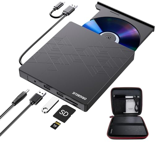 ORIGBELIE External CD DVD Drive, CD Burner USB 3.0 with 2 USB Ports and 2 TF/SD Card Slots, Optical Disk Drive for Laptop Mac, PC Windows 11/10/8/7 Linux OS with Carrying Case