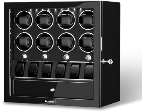 DUKWIN Watch Winder for 8 Automatic Watches,Lockable Watch Winders with Watch Holder and Jewelry Storage, Super Quiet Mabuchi Motor with High-Gloss Piano Lacquer Finish,Built-in Illumination-Black