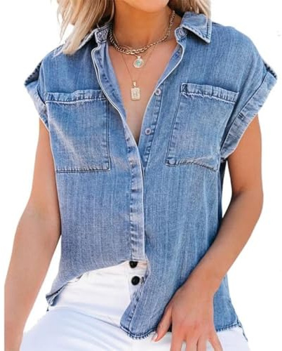 Damblus, dam denimblus sommar vintage tvätt blekt v-ringad skjortor toppar ledig lös knäppning ärmlösa blusar tunika toppar oroliga chambray jeans västerländska skjortor