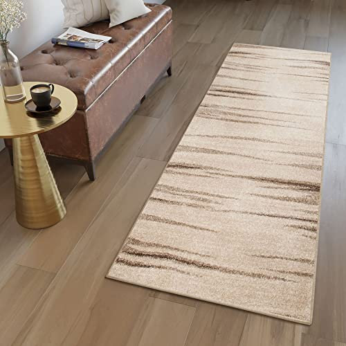 TAPISO Sari Teppich Läufer Flur Meterware Beige Braun Gestreift Modern Kurzflor Küche Wohnzimmer Brücke nach Maß Küchenläufer ÖKOTEX 100 x 270 cm