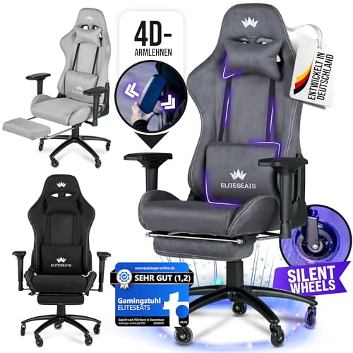 ELITESEATS Gaming Stuhl Ergonomisch [TESTSIEGER] Kratzerfreie Rollen Atmungsaktiv, 4D-Armlehnen, mit Fußstütze | Ergonomischer Gamingstuhl Stoff 150 kg Belastbarkeit | Gaming Chair