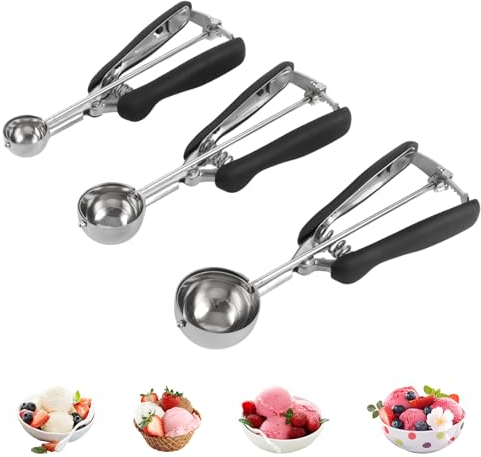 Portioniere per gelato in acciaio inox, 3 pezzi, 3 cm, 4 cm, 5 cm, in acciaio inox, con grilletto, porzionatore per gelato, cucchiaio per gelato lucidato