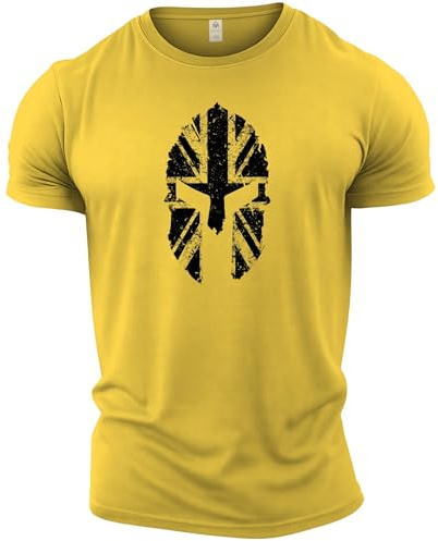 GYMTIER Spartan Helmet UK Flag Men's Gym T-Shirt Bodybuilding Training Workout Lifting Top Clothing, Yellow, M