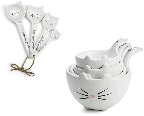 White Cat Measuring Cups & Spoons Gift Set – Ceramic Kitchen Tools for Cat Lovers & Bakers – 4 Measuring Cups and 4 Measuring Spoons – Unique Gift for Kitchen, Baking, and Cat Lovers