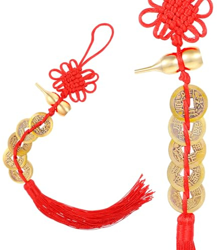 2PCS Feng Shui Good Luck Charms, Metal Gourd 5 Coins Feng Shui Decor, Red Chinese Knot Tassel Good Luck Gifts, Five Emperor Coins Blessing Gifts for Car Furniture Bag Home Office