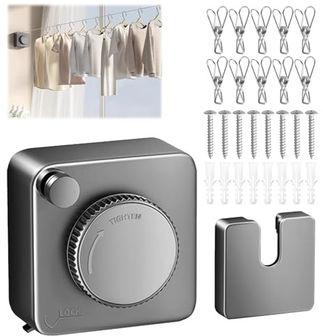 Étendoirs Rétractables – Corde à Linge de 4,2M en Acier Inoxydable, Anti-affaissement, Intérieur & Extérieur, pour Balcon et Salle de Bain, Livré avec 10 Clips Coupe-Vent (Noir)