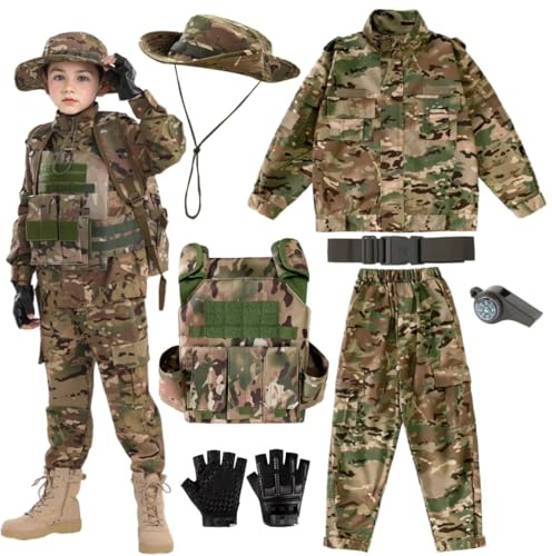MELFZDM Ensemble de déguisement militaire pour enfants, gilet tactique, tenue de camouflage avec veste et pantalon, chapeau boonie, gants, ceinture et sifflet, camouflage, Camouflage vert., 140Größe