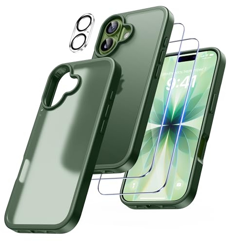 FLLAO 4 en 1 Coque pour iPhone 17 avec 2 Verre Trempé et 1 Caméra Protecteur, [Coussin d'air Intégré] Antichoc Antirayures Bumper Protection Housse pour iPhone 17 6.3, Vert foncé
