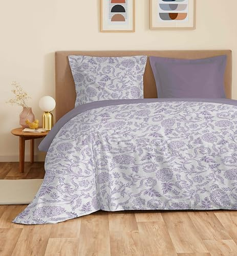 COTON PUR Parure de draps 4 pièces Vanessa pour lit 140 x 190 cm (Salma Lavande)