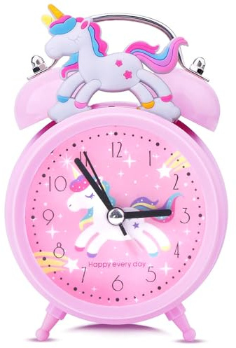 Aitsite Despertador Infantil con Diseño de Unicornio para Niñas, Despertador Silencioso Sin Tic TAC, Noche Reloj Clásico de Doble Campana con luz de Fondo, Habitación Adecuada para Niños Decorados