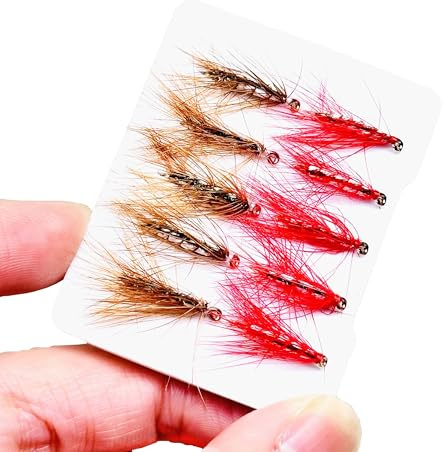 Qitewwrme 10 Pièces Mouches de Pêche Artificielles, Phryganes Ailées & Mouche Griffith, Nymphes, Appât pour Truite et Saumon (Marron et Rouge)