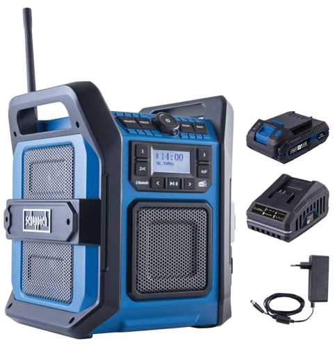 Scheppach Radio de Chantier C-DAB30-x – Set S - 1 Batterie 2Ah + Chargeur | Série 20V IXES - DAB+ et FM - Bluetooth et USB-A - portée 10 m - IP65