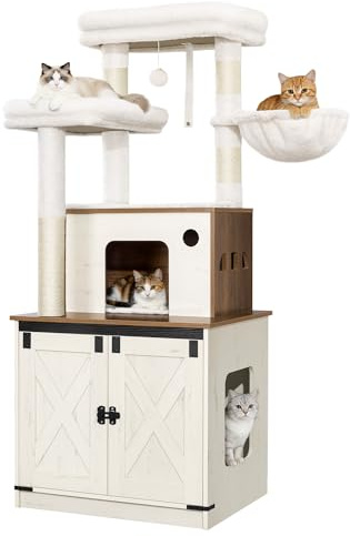 Hzuaneri Arbre à Chat avec Meuble Litiere Chat, 150cm Haut, Marron et Blanc