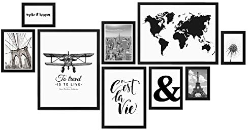 PHOTOLINI schwarze Bilderrahmen Set verschiedene Größen, 9 Bilderrahmen schwarz Holz MDF, Bilder Rahmen mit Acrylglas, Bilderrahmenset zum Aufhängen, Fotorahmen Set mit Zubehör für Fotos & Poster