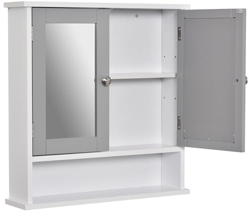 kleankin Mirror Cabinet Wall Mounted Bathroom Hanging Cupboard Grey