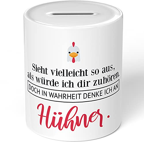 JUNIWORDS Spardose Sparbüchse, Sieht vielleicht so aus, als würde ich dir zuhören. Doch in Wahrheit denke ich an Hühner (1001496)