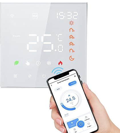 Termostato Inteligente WiFi, Aoresac Termostato Calefacción Programable por Suelo Radiante Agua Compatible con Amazon Google Home 3A Pantalla LCD Pantalla Táctil (Blanco)