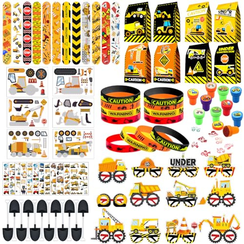 Construction Party Favors Supplies -Including Paper Glasses Gift Bag Tattoo Stickers Shovels Slap Bracelets Silicone Wristbands DIY Stickers Stampers, for Digger Theme Kids Students' Party Fillers