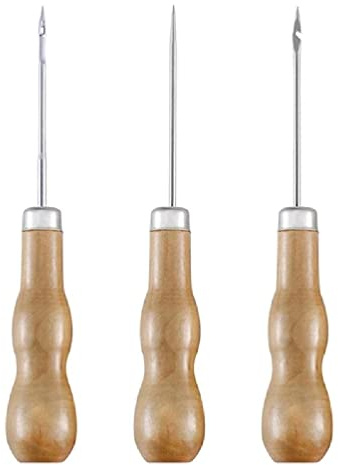 Poignée en bois pour réparation de chaussures Alêne Couture Cordonnier Outil de réparation artisanale Couture Couture Couture Poinçon Droit incurvé et Trou Crochet Aiguille Outil Artisanat Fournitures