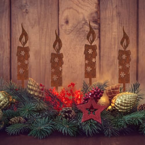 Vaktop Gartenstecker Weihnachten, 4 Stück Gartenstecker Rost Deko, 25×5 cm Edelrost Metall Gartendeko für Draußen, Wetterfest Weihnachtsdeko Rost Kerze