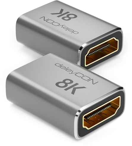 deleyCON 2 Stück 8K HDMI 2.1 Kupplung (48G, Ultra Highspeed) Adapter Verbinder 8K@60Hz 4K@120Hz 2K@144Hz/165Hz eARC HDCP 2.3/2.2 DTS:X für HDR Dolby Atmos TV PS5 Xbox Soundbar Monitor Silber