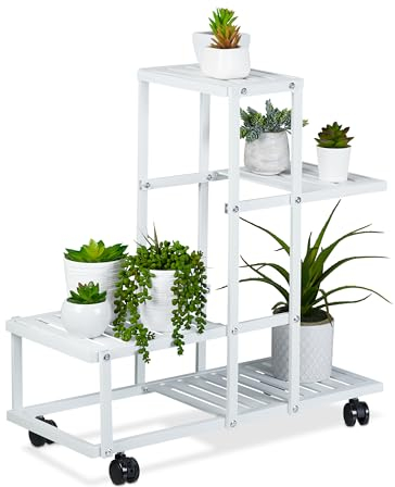 Relaxdays Pflanzenständer, 4 Ablagen, Pflanzentreppe für Blumen & Kräuter, Metall Blumenständer mit Rollen, Stahl, weiß