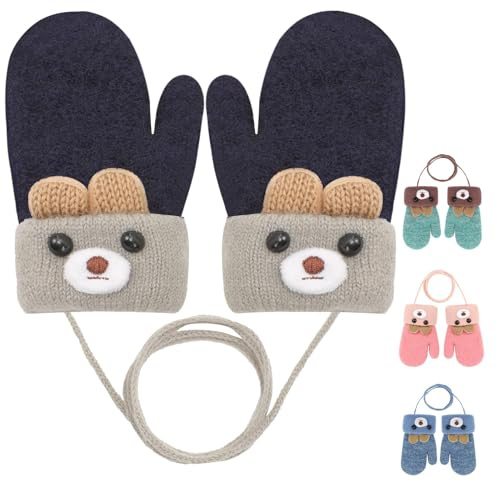 Becellen Tricotés Moufles Bebe, Adorable Chauds Epais Gants Enfant Anti-Perdu Hiver Mignon Moufle avec Cordon pour 0-3 Ans Filles Garçons