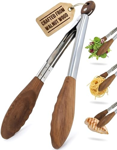 Pinze da Cucina Corte 22 cm in Legno di Noce con Acciaio Inossidabile - Pinze Antigraffio per Padelle Antiaderenti, Cottura e Servizio con Blocco Compatto, Poggia Pollice Ergonomico, Boxiki Kitchen