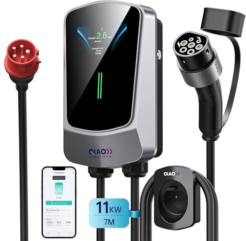 QIAO)) 11 kW Wallbox EV-Ladegerät Typ 2, intelligente Ladestation für Elektrofahrzeuge mit 4,3-Zoll-LCD-Display, Kabelhalter, [3-phasig, 7 m, 8 – 16 A], rote 16-A-CEE-Stecker-Ladebox
