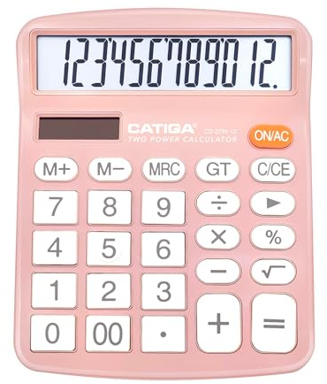 CATIGA Calculadora de Escritorio de 12 Dígitos con Pantalla LCD Grande y Botón Sensible, Doble Alimentación Solar y Batería, Función Estándar para Oficina, Hogar, Escuela, CD-2786