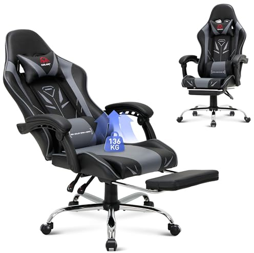 COLAMY Gaming Stuhl, Computer Stuhl mit Fußstütze und Lendenwirbelstütze, höhenverstellbarer Gaming Chair mit 360°-Drehsitz und Kopfstütze, Video Gamer PC Stuhl, Ergonomische hohe Rückenlehne, Grau