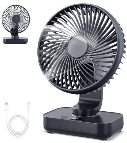 Mapille Mini Ventilateur de Table Silencieux, Oscillation 120°, 4 Vitesses, Petit Ventilateur de Bureau Puissant, 4000mAh Batterie, USB-C Rechargeable & Portable, pour Bureau Maison Extérieur (Noir)