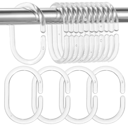 Classicseali 12pcs Shower Curtain Rings Plastic, Rust-Proof C-Shaped Shower Curtain Hooks for Bathroom,Clear Shower Curtains Rings for Easy Glide on Rods
