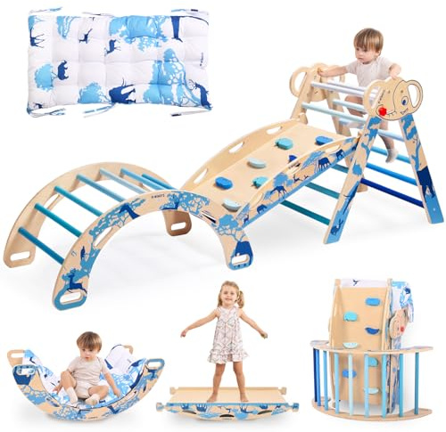 WINGYZ Pikler Triangle Set, Montessori Foldable 8-in-1 Jungle Gym with Reversible Animal Slide, Patent-Protected Climbing Set, Safe 2.35 Gap ASTM F963 Standards for Toddlers 18 Months-7 Years (Blue)