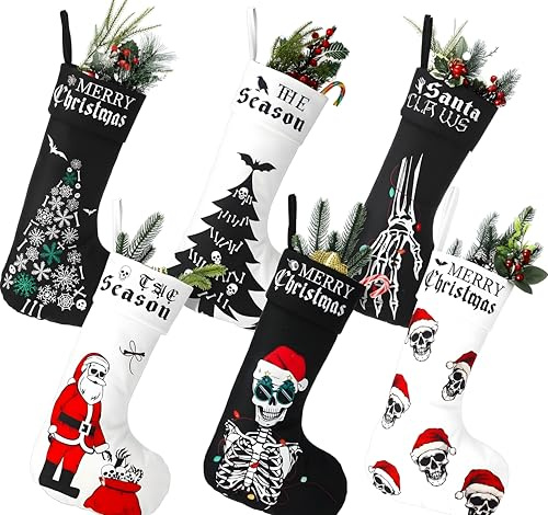 Kinlop 6 Pcs Black and White Gothic Christmas Stocking 17 Inches Goth Xmas Stockings Skeleton Hand Santa Claus Hanging Ornament for Christmas Tree Candy Gift Storage Bags Holiday Fireplace Party Decor