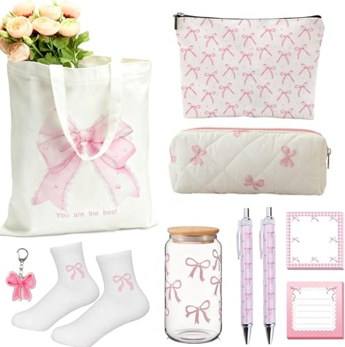 BlueRaying Coquette Pink Bow Stuff Gift Set with Preppy Tote Bag, Pink Bow Cup, Cosmetic Bag, Sticky Notes, Keychain Accessories Bow Themed Presents for Girls Women