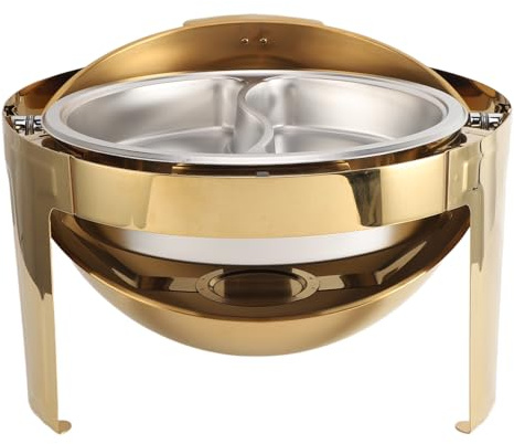 AKLOSIPY Elegant Gold Chafing Disk Buffet Set - 6L Rostfritt Stål Alkoholuppvärmd Cateringvärmare med Genomskinligt Lock för Evenemang och Fester (2 Fack Pan)