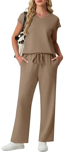 GRECERELLE Conjunto completo de chándal para mujer, de manga corta, de verano, para descansar, conjunto de dos piezas, casual, cuello redondo, tops y pantalones deportivos para gimnasio con bolsillos