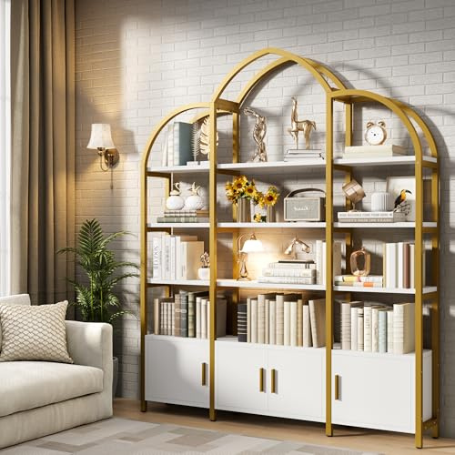 kepptory Tall Arched Bookshelf and Bookcase with 3 Cabinets, Triple Wide 5 Tier Industrial Etagere Open Bookshelf, Wood Book Shelf for Bedroom Living Room (Gold and White)